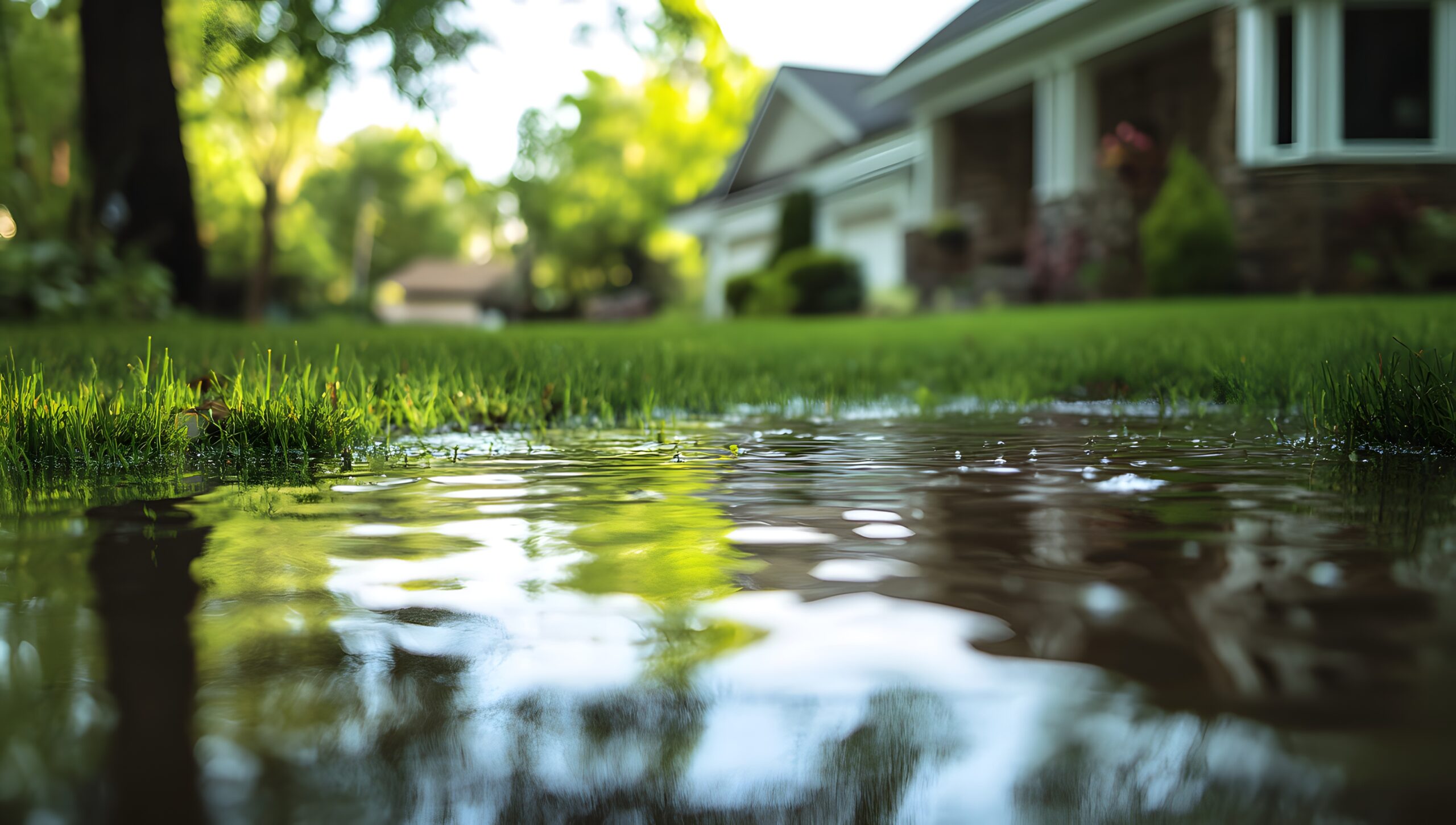 A Close Up View Of Standing Water In A Residential Yard After A Recent Rainstorm, Reflecting Surrounding Greenery And Homes A Close Up View Of Standing Water In A Residential Yard After A Recent Rainstorm, Reflecting Surrounding Greenery And Homes