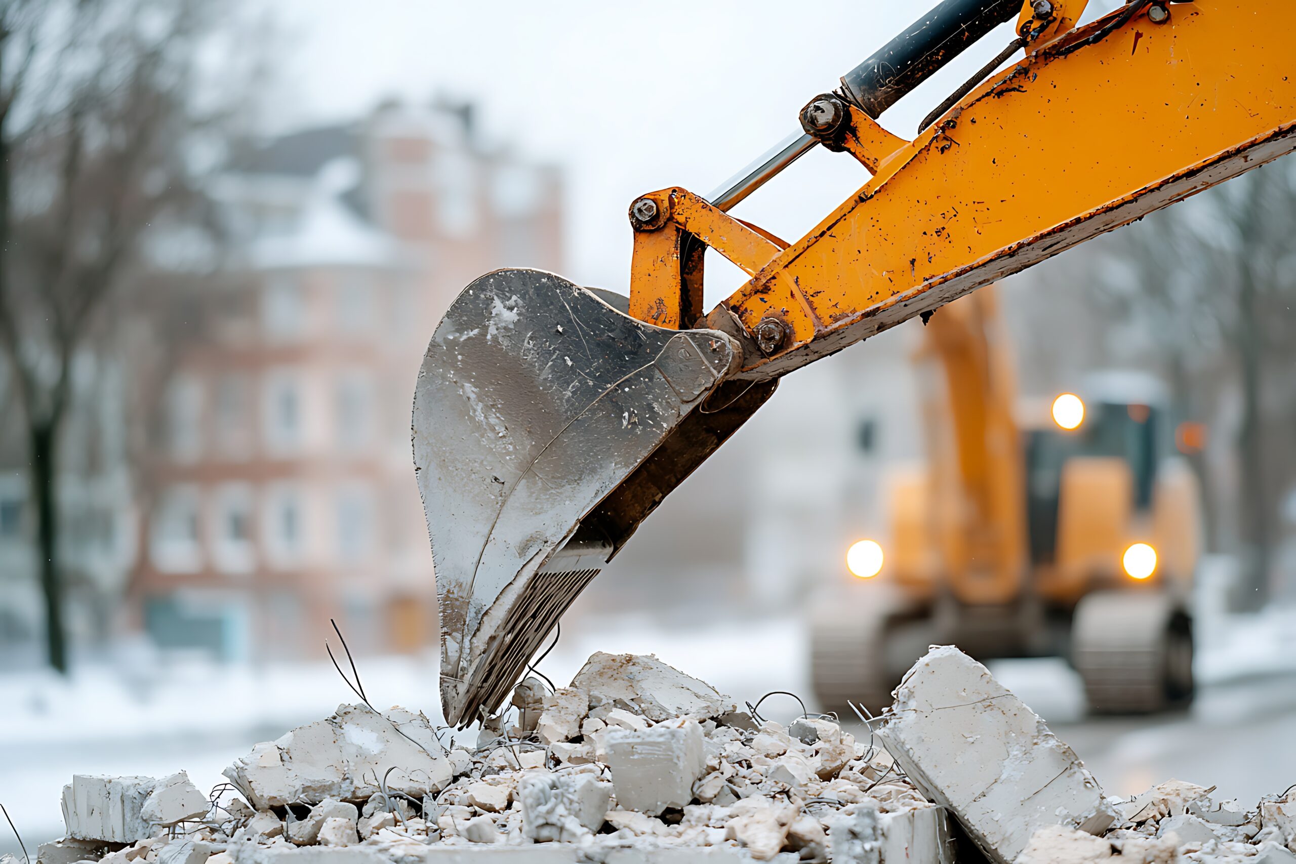 Construction Equipment Digging Through Snowy Debris On Cold Winter Day At Urban Site
